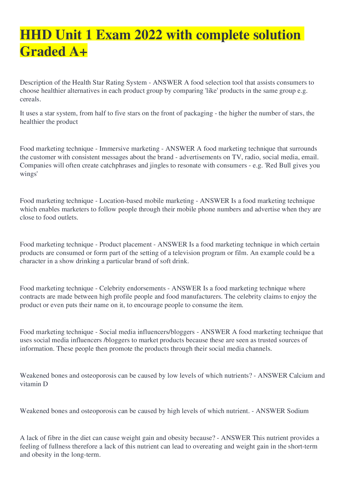 Preview image of HHD Unit 1 Exam 2022 with complete solution Graded A+ document